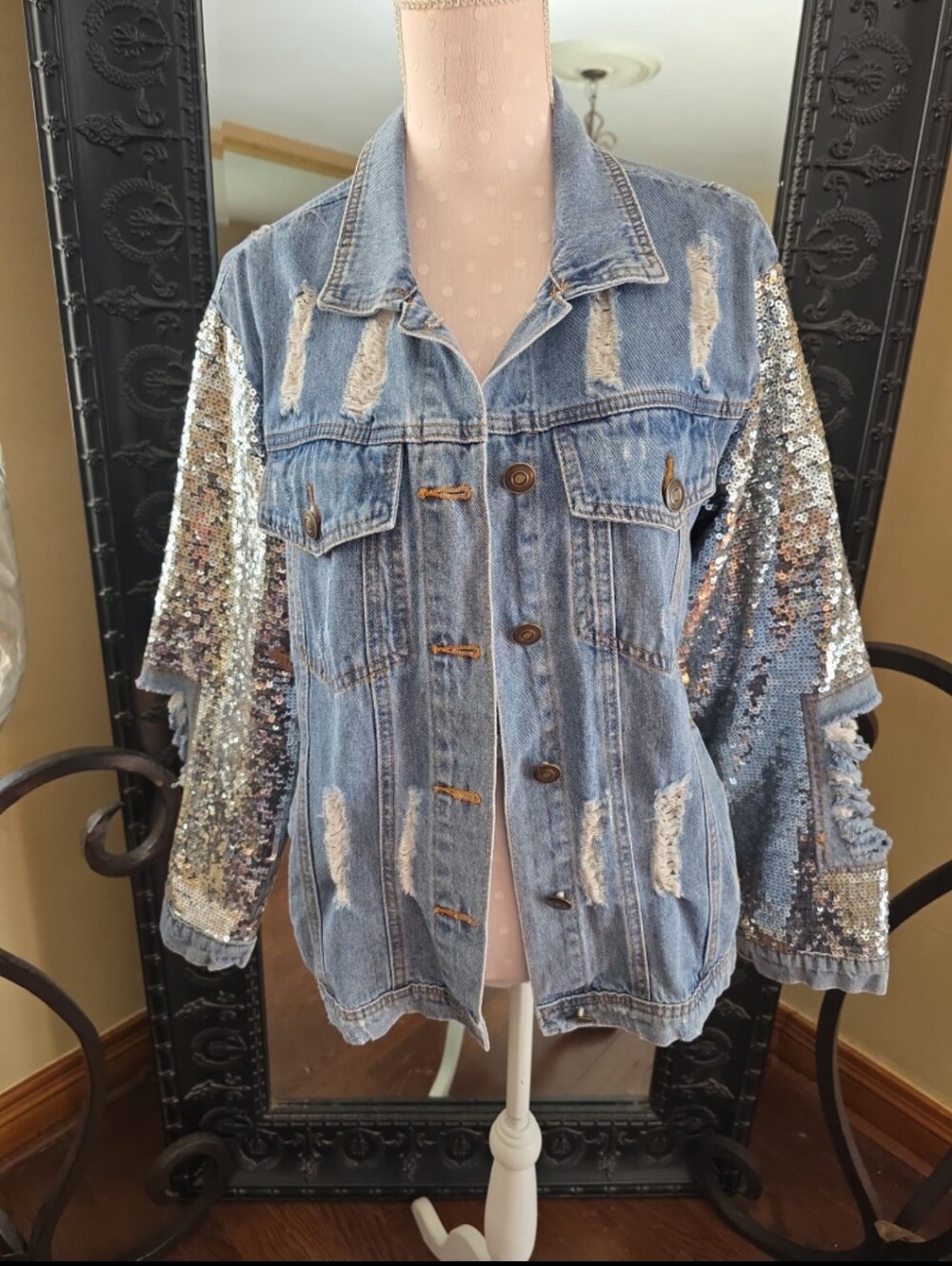 Distressed Denim Jacket with Silver Sequin Sleeves